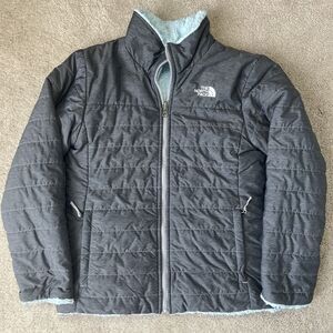 North Face Puffer Jacket Girls Large 14-16 Mossbud Swirl Reversible Gray Mint